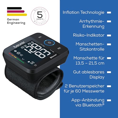 Beurer BC 54 Handgelenk-Blutdruckmessgerät mit Inflation-Technologie, farbiger Risiko-Indikator,...