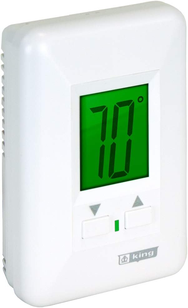 Angolato view of the King Electric HW120 thermostat, showing the side profile and digital display.