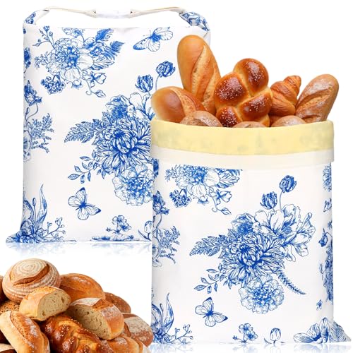 Yiyiring 2 Pcs XL Beeswax Bread Bags for Sourdough, Blue Flowers