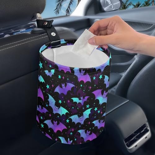Image of Colorful Bat Print Car Garbage Can Small Trash Can with Leak Proof Inside Liner and Hanging Strap Car Organizer Portable Vehicle Essentials