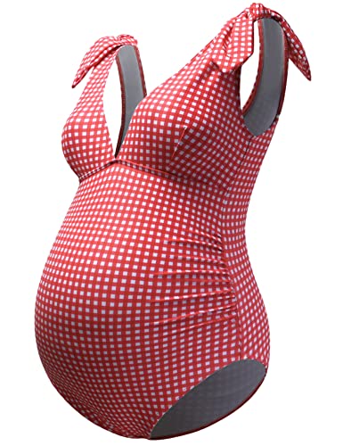 Ginkana Maternity Swimsuit One Piece Bathing Suit Pregnancy Swimwear Tie Shoulder V Neck Pregnancy Swimsuits,Red White Plaid,L #TOP6