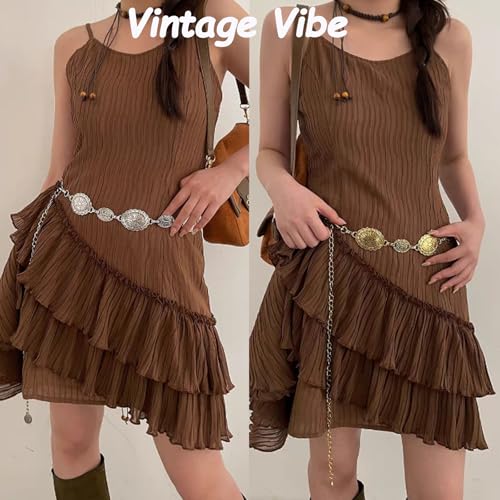 1pc Western Concho Chain Belt for Women Cowgirls Oval Metal Waist Chain Belt Turquoise Chain Belt for Jeans Dress4