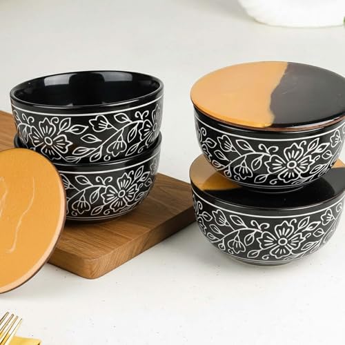 Image of The Earth Store Black Artvine Snack Bowl with Coasters /Lid Set for Kitchen | Dishwasher & Microwave Safe Serving Bowl for Snacks, Rice, Dal, Fruits, Salad | 500ML Set of 4