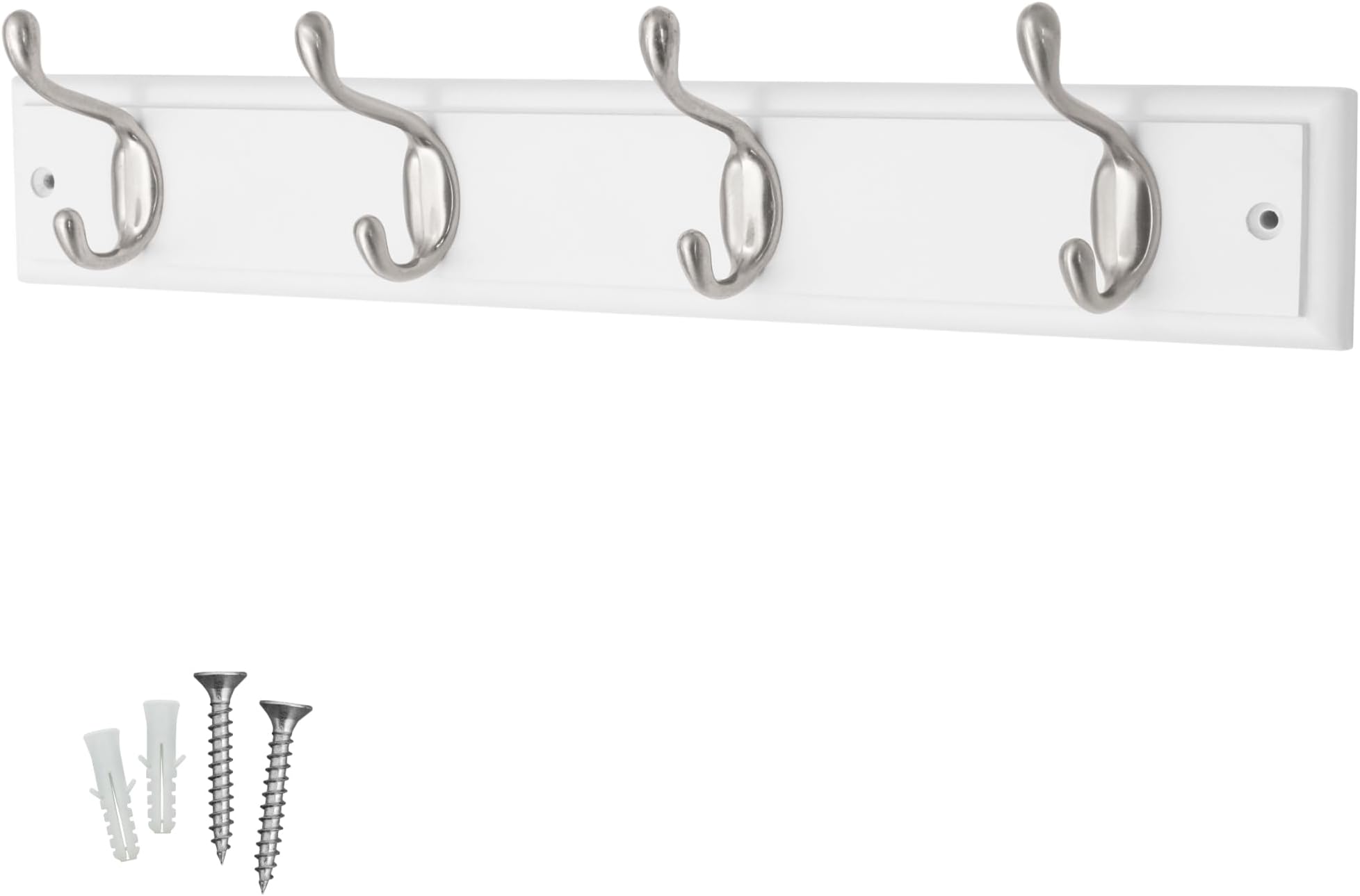 Keypak 4 Hook White Wooden Wall Mounted Coat Rack with 4 Satin Nickel Hooks - Heavy Duty Wooden Board for Coats, Hats, Bags, Tools Space Saving Wall Storage Organiser, Fixings Included