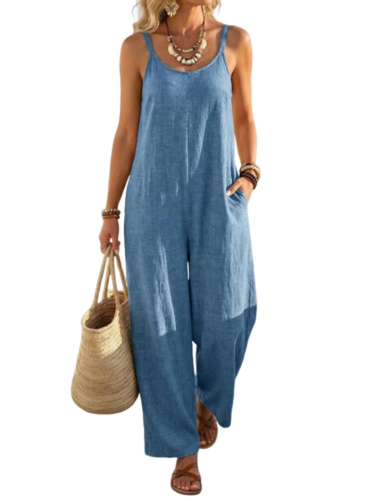 ORANDESIGNE Salopette Donna Lunga Estive Casual Elegante Boho Salopette Gamba Larga Leggera Tuta Spiaggia Overall con Bretelle Regolabili e Tasche