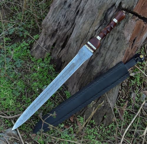 Empire - Damascus Steel Double Edge Viking Sword - Rose Wood Handle - Combat Sword - Hunting Sword with Leather Sheath - Best