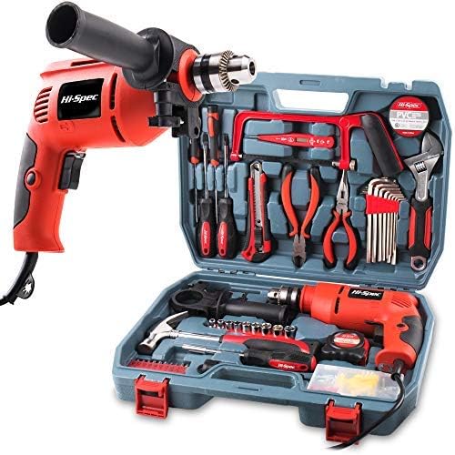 Hi-Spec 130pc 110V 300W Hammer Power Drill Tool Set Kit with Hacksaw, Pliers, Claw-Hammer, Wrench, Box Cutter, Hex Keys, Screwdrivers, Socket and Driver Bits Set, Voltage Tester inc. 60 accessories