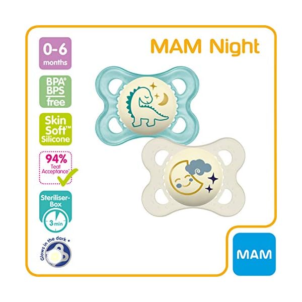 MAM Night Soothers 0+ Months (Pack of 2), Glow in the Dark Baby Soothers with Self Sterilising Travel Case, Newborn… – Bild 3