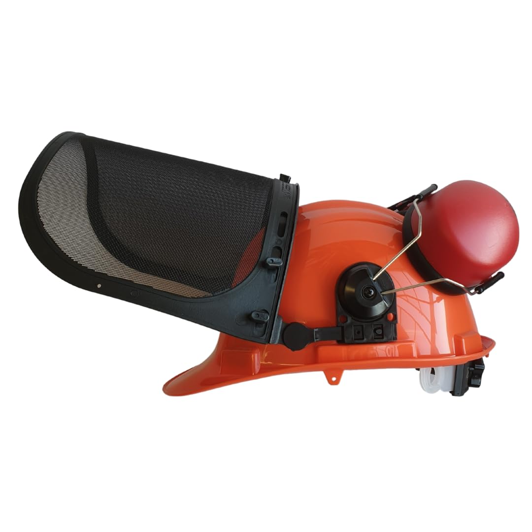 Viwanda Kettensägen-Schutzhelm Forsthelm, Forstschutzhelm mit Maschenvisier, Kapselgehörschutz und Kinnriemen - Gehörschutzmanschette und Netzvisier, orange, Einheitsgröße