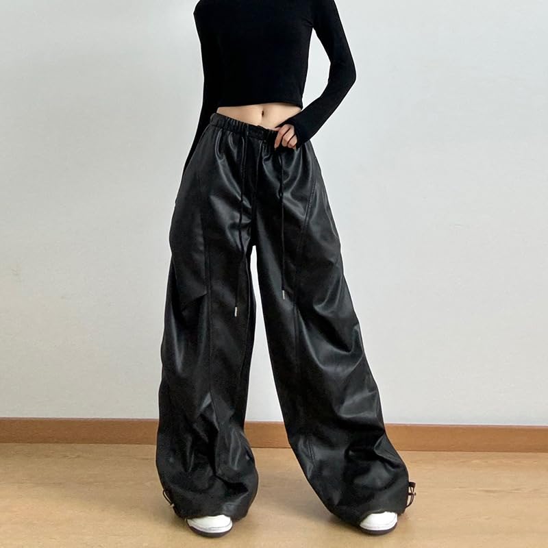 Obenie Women's high Waisted Elastic Wide Leg Pants, Retro Black Floor Length PU Leather Pants, Y2K Pants4