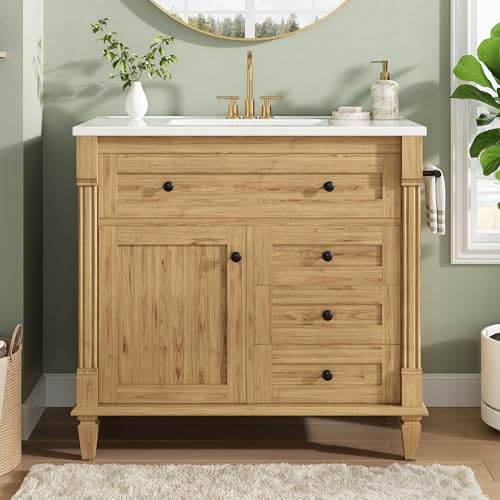 LIKIMIO 36 Inch Bathroom Vanity with Sink, Towel Holder & Adjustable Solid Wood Legs for Uneven Floor, Modern Bathroom Storage Cabinet with Tip-Out Drawer, 2 Drawers & Adjustable Shelf, Nature
