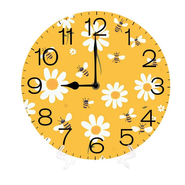 Geroclonup Sign Cute Bee Daisy Flower 25cm Silent Non-Ticking Round Wall Clocks Battery Operated Quartz Analog Handing Clock for Bedroom Bathroom Kitchen Kids Living Room Decor