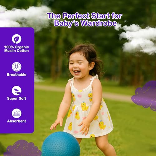 Image of Kidbea Cotton Baby Dress for Girls | Soft Sleeveless Summer Dress for Girl | Cute Printed Newborn Baby Muslin Frocks with Tie-Up Closure