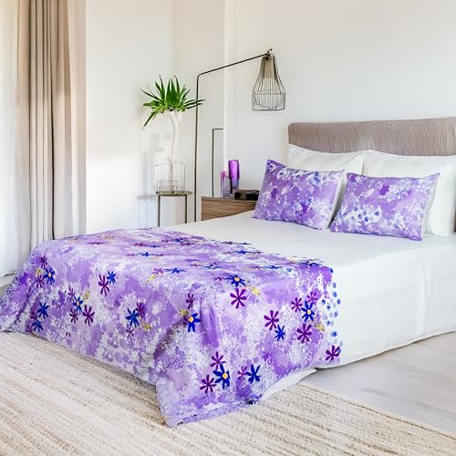 Image of Digitally Printed with Reactive Ink Tech | 300 TC 100% Organic Cotton Premium Bedsheet Set | Ultra-Soft Satin-Like Finish - Floral Purple Paradise
