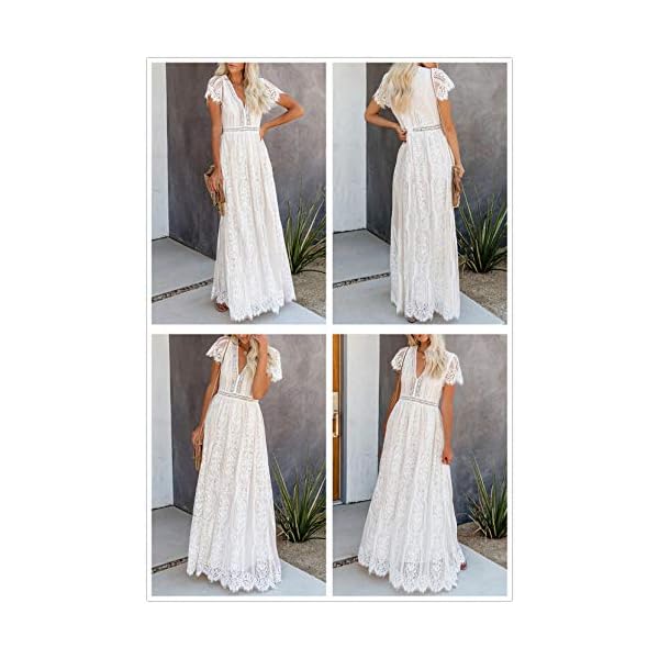 BLENCOT Womens Casual Floral Lace Deep V Neck Short Sleeve Long Evening Dress Cocktail Party Maxi Wedding Dresses Bohemian Flowy Boho Dress White Medium
