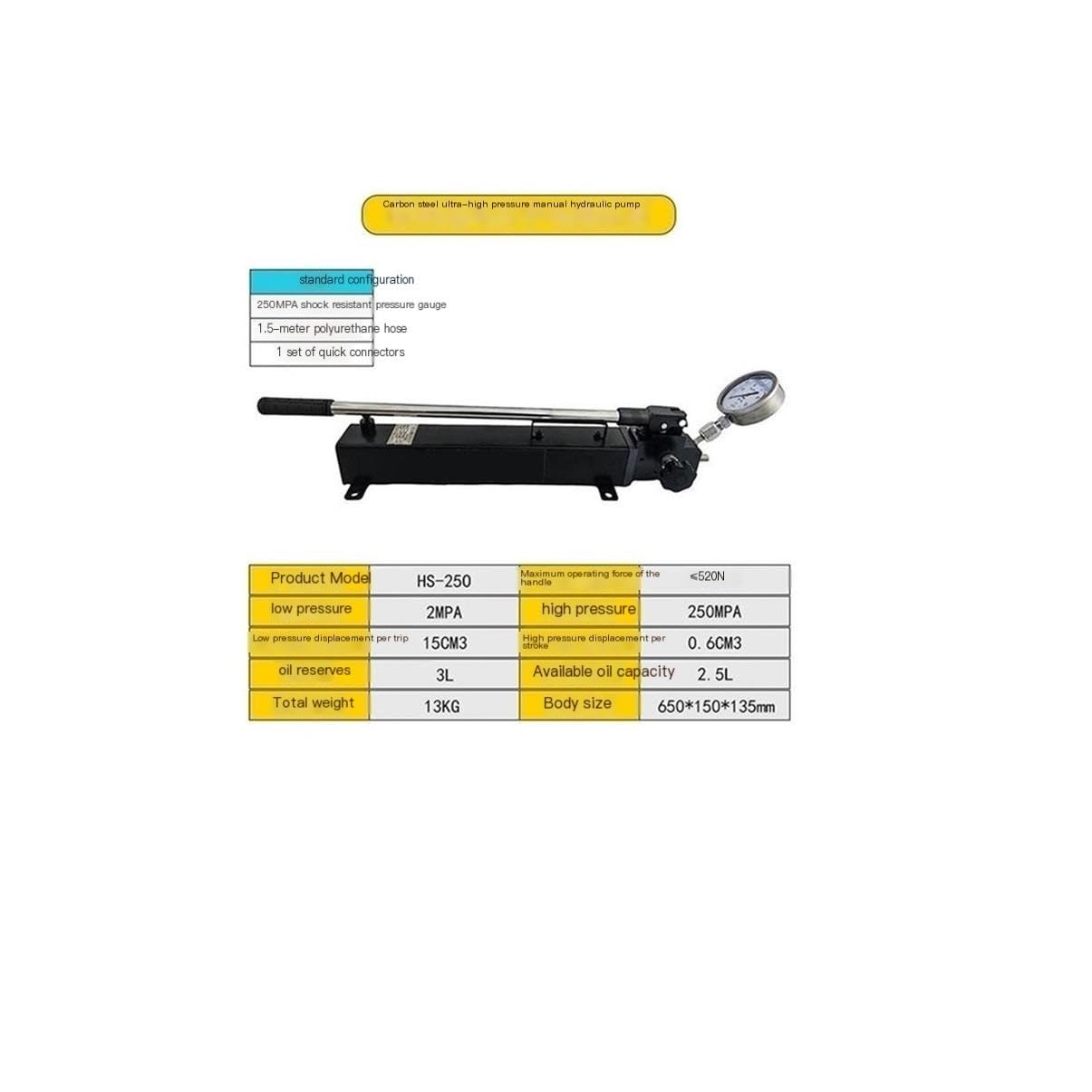 Manuelles Hydraulikpumpenset der HS-Serie 100–400 MPa mit Manometerschlauch und Kupplung for den industriellen Einsatz(HS-250MPA)