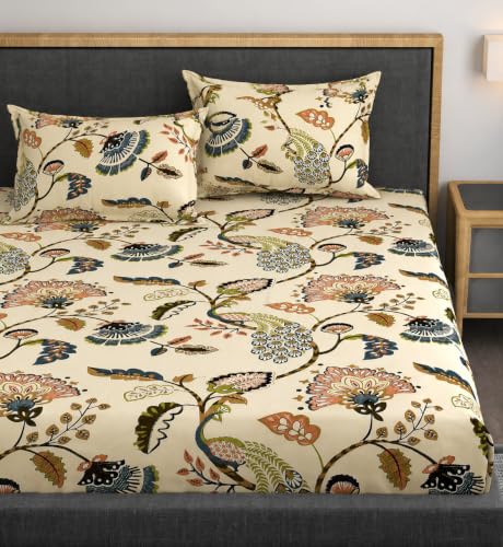 Image of Vaini Premium Heavy Cotton Elastic Fitted Bedsheets with 2 King Size Pillow Covers || Double Bed with All Around Elastic 350 (Jaipuri Peacock, 72x72 Inch King Fitted)