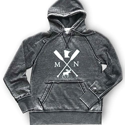 Minnesota Hoodie Cross Paddle Moose Unisex Men's Women's Ultra Soft Quality Lightweight Burnout Hooded Sweatshirt, Dark Grey (L, White-Matte)
