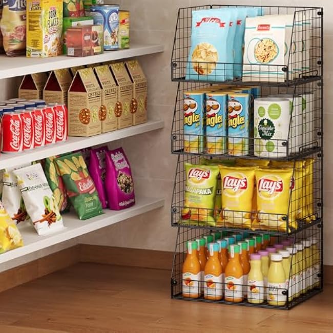 4 Pack XXL Stackable Wire Storage Basket, Extra Large Capacity Pantry Organizer and Storage, Muti-Purpose for Vegetable Fruit Basket & Can Organizer & Snack Rack & Metal Pantry Bin