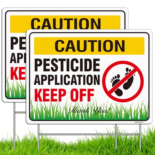 HISVISION 2 PC Caution Pesticide Application Keep off Yard Sign with Metal H-Stake 12.6x9.5 Commercial Grade Corrugated Plastic Double Sided HD Printing UV Protected Weatherproof Easy Mounting
