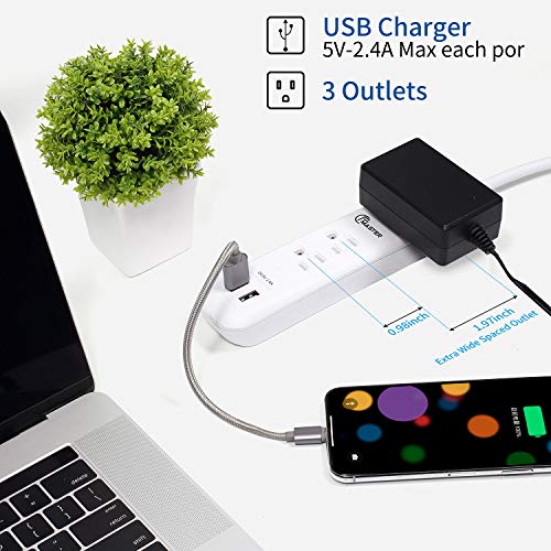 Usb Power Strip Surge Protector Long Extension Cord 6 Feet, 3 Outlets, 2 Usb Ports (2.4A/12W), Overload Protection, Mountable Power Strip For Home Office, 1250W/10A, Sgs Listed, White #TOP6