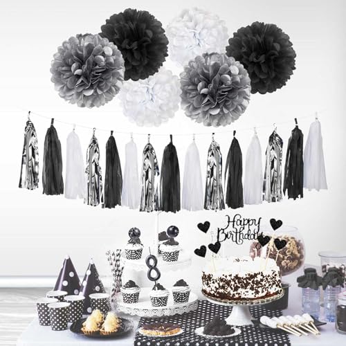 Birthday Decorations for Men | Black and Silver Happy Birthday Party Decorations | Black and White Birthday Party Supplies | Banner, Balloons, Tissue Pompoms, Swirls, Tassels Garland - Image 5