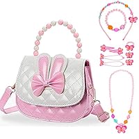 Little Girls Handbag with Kids Jewelry Set Cute Shoulder Bag Girls Small Purse for Kids Toddlers Gift Present Birthday Christmas Party Pretend Play with Necklace Bracelet Hair Hand Clips Set, Pink