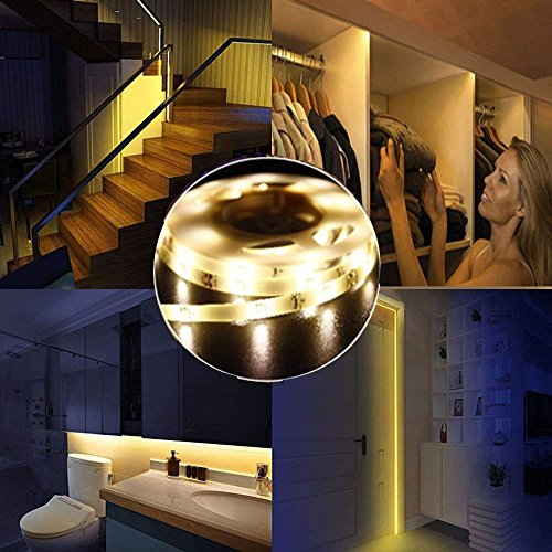 Motion Sensor Wardrobe Light, LED Strip Closet Lights, PIR Auto on/Off, Battery Powered Warm White for Bedside, Bathroom, Closet, Cabinet, Kitchen, Stairs (Warm White, 1.5M Battery)
