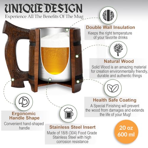 Telyar Chope à Bière en Bois 0.6L Idée Cadeau Original pour Noël Chope Design Loup – Image 3
