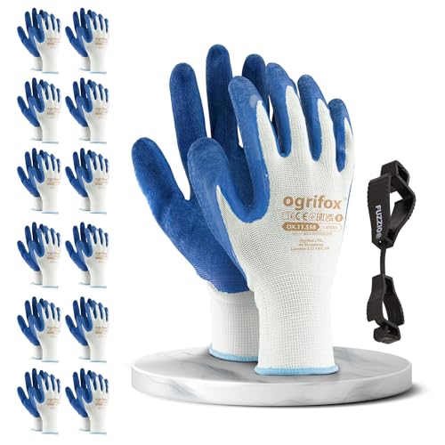 FUZZIO Lot de 12 paires de gants de travail pour homme - Taille 8 blancs - Gants de jardinage - Gant de montage pour homme - Revêtement en latex avec clip