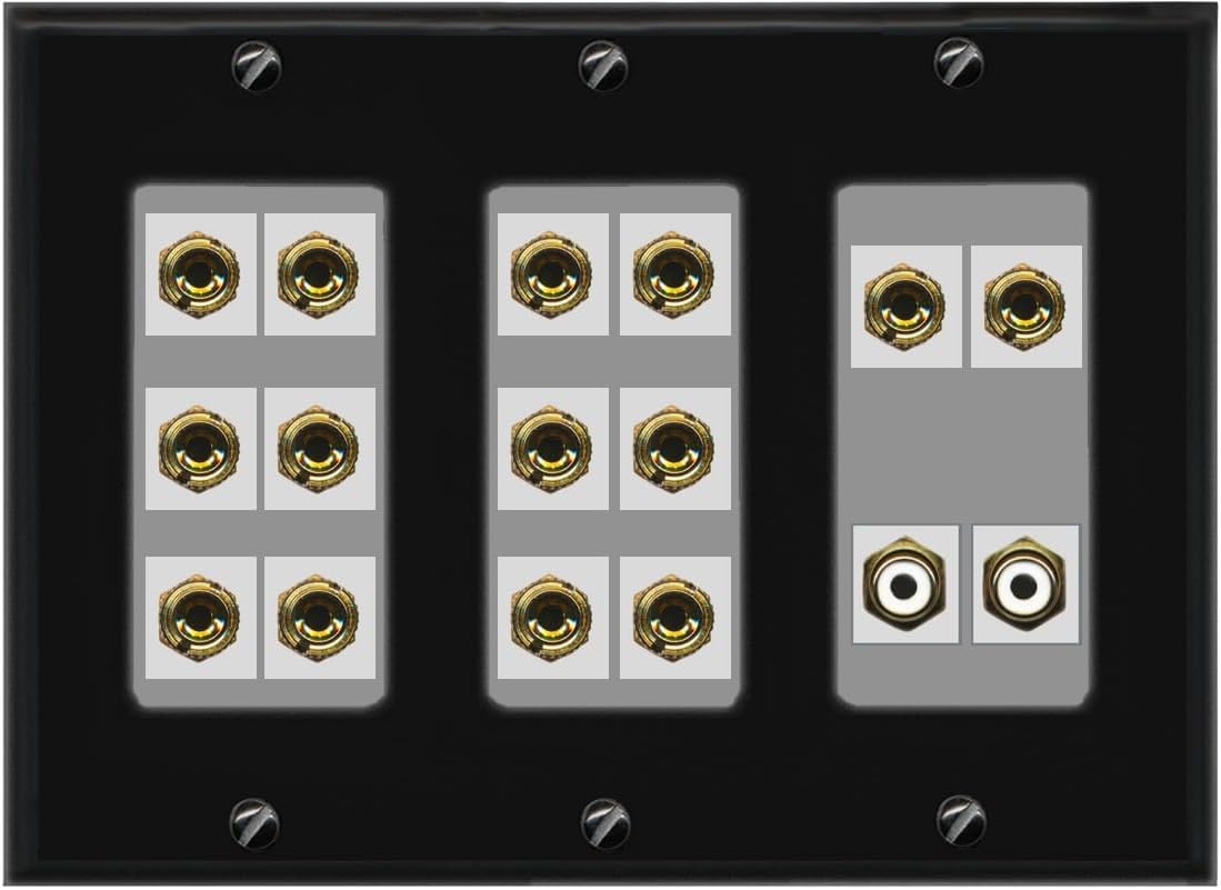 RiteAV 7.2 Surround Sound 7 Speaker 14 Banana Plug Jack Wall Plate w/2 RCA Subwoofer Female Connector - 3 Gang [Black]