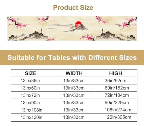 Image of Japanese Cherry Blossom Table Runner Retro Spring Landscape Mountain Plum Floral Tabletop Decor Cover for Holiday Dining Room Party 13x90 Inch