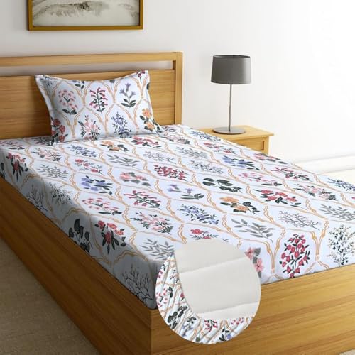 Image of Blue Strip Polycotton Fitted Bedsheet, Single 42x75 (Multi Floral) | 300 TC | All-Round Elastic Grip | Soft, Breathable & Colourfast | Wrinkle Resistant | Machine Washable
