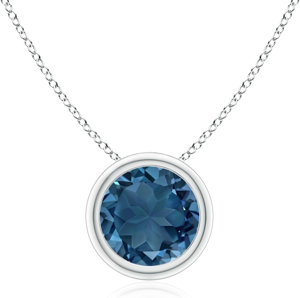 Angara Bezel-Set Round London Blue Topaz Solitaire Necklace in Silver/14K Solid Gold/Platinum | Natural London Blue Topaz Pendant With 18" Chain for Women | July Birthday,Gemstone Jewelry Gift