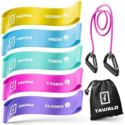 TAVIALO Set di 5 Fasce Elastiche per Fitness con 5 Livelli di Resistenza + 1 Tube Elastica con Maniglie. Set di Bande Fitness per Yoga, Pilates, Fitness, Trazioni, Allenamento a Casa o in Palestra.