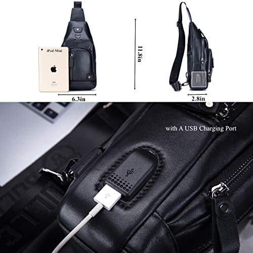 Image of BULLCAPTAIN Genuine Leather Sling Bag with USB Charging Port Multi-pocket Chest Bag for Men Hiking Travel Daypack XB-129