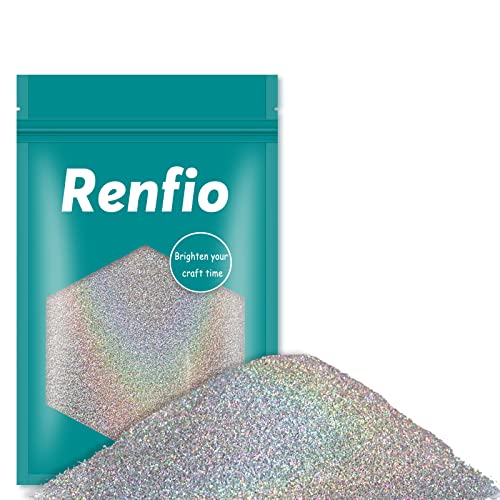 Renfio Holographic Silver Ultra Fine Glitter Powder, Metallic PET Flake 1/128" 0.008" 0.2mm Face Glitters for Craft Resin Pigment Tumbler Slime Ornament Painting Hair 3.5 Oz (100g) - Laser Silver