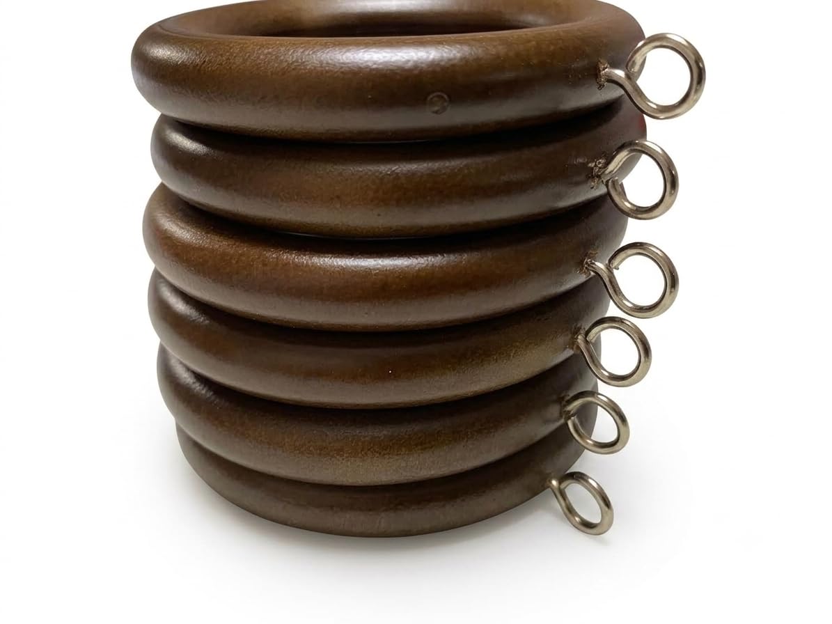 45mm Wooden Curtain Rings with Eyelets 6 Pack Brown Pole Hooks Heavy Duty Drapery Hanging Ring Fits 42mm Rods Wooden Hanging Loop Set for Living Room Bedroom Window Draperies Eyelet Hooks
