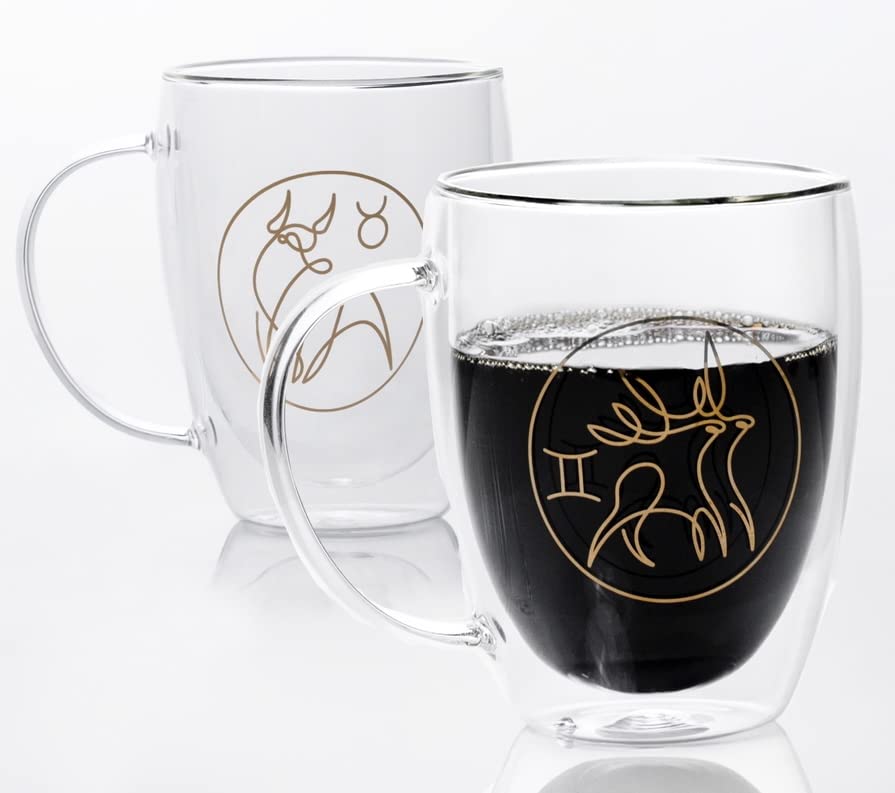 Gold Print Zodiac Glass Double Insulated Coffee Mug perfect for Latte, Tea, Cappuccino, Espresso (Aquarius)