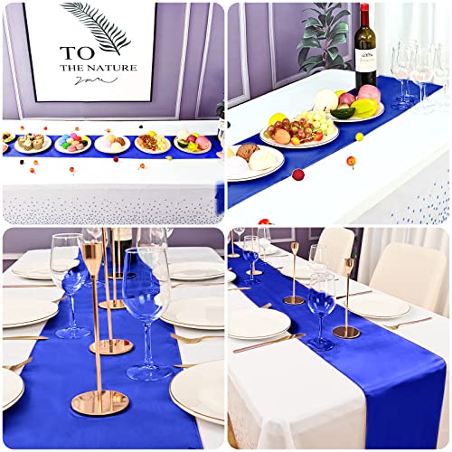 16 Pack Blue Disposable Dot Plastic Tablecloth And Satin Table Runner Set 54X108 Inch Rectangle Table Cover 12X108 Inch Table Runner For Wedding Birthday Party Christmas Decorations #TOP4