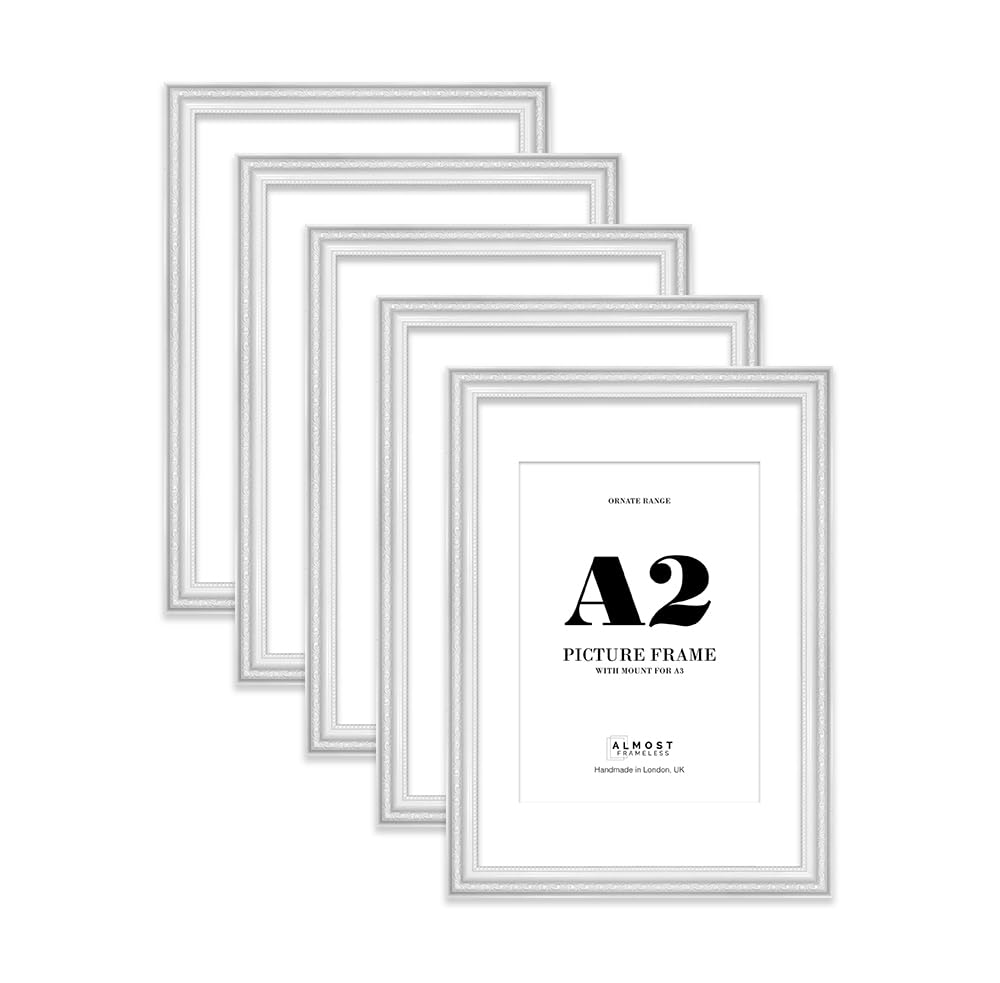 White Ornate Picture Frame A2 With A3 Mount for Photos - Wall Display, Landscape or Portrait, 5 Pack