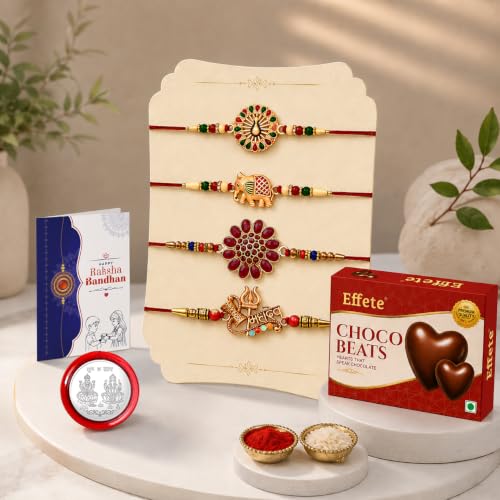 Image of Oblivion 4 Multicolor Rakhis Set for Bhaiya, Peacock, Elephant, Flower & Mahadev with Chocolate Beats 32gm, Roli Tikka, Silver Color Pooja Coin & Greeting Card | Rakshabandhan Gifting, Pack of 8