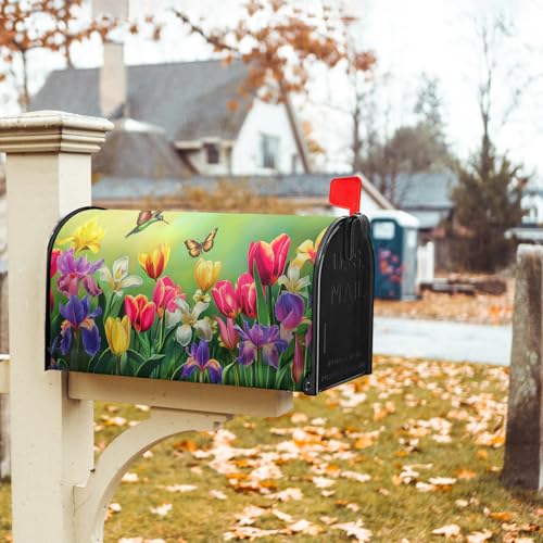 Image of Easter Floral Mailbox Cover Magnetic, Tulip Lily Flowers Mailbox Wrap, 21 inchx18 inch Spring Summer Standard Size Waterproof Letter Post Cover for Yard Garden Outdoor Outside Decoration
