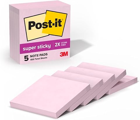 Post-it Süper Yapışkan Notlar, 5 Yapışkan Not Kağıdı, 7,6 x 7,6 cm, Okul Malzemeleri, Ofis Ürünleri, Dikey Yüzeyler, Monitörler, Duvarlar ve Pencereler için Yapışkan Notlar, Pink Salt