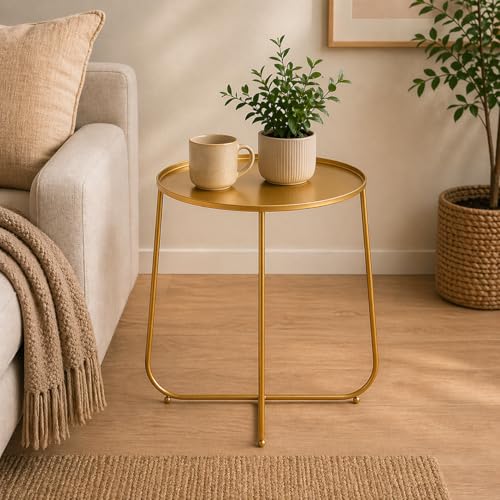 Image of Metal Side Table for Living Room | End Table, Coffee Table, Bedside Table, Plant Stand for Indoor Outdoor | Round Metal Table, Sofa Side Table (Anti - Rust) |No Assembly Required | Gold