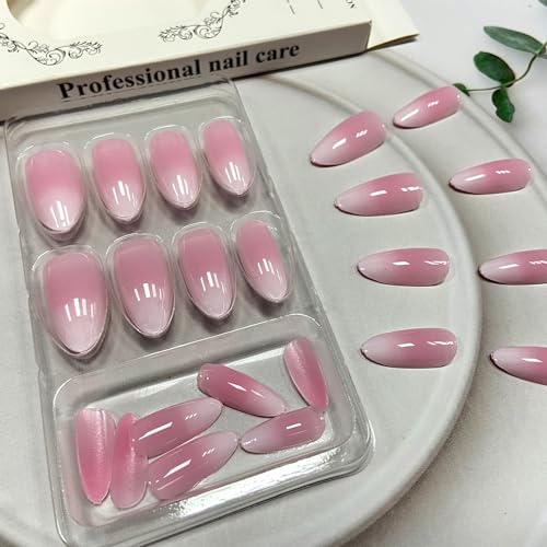 Pink White Gradient Press on Nails Medium Almond Fake Nails French Tip False Nails Glossy Full Cover Stick on Nails Acrylic Ombre Artificial Nails for Women Girls Glue on Nails 24 Pcs - Image 5