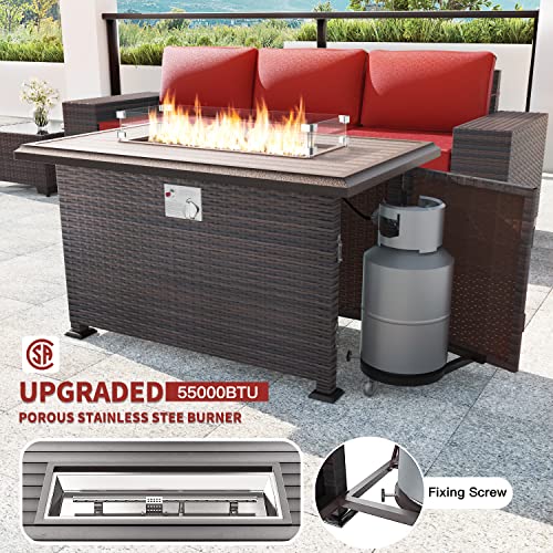 Kullavik 13Pcs Outdoor Patio Furniture With 43" 55000Btu Gas Propane Fire Pit Table Pe Wicker Rattan Sectional Sofa Patio Conversation Sets,Red #TOP2