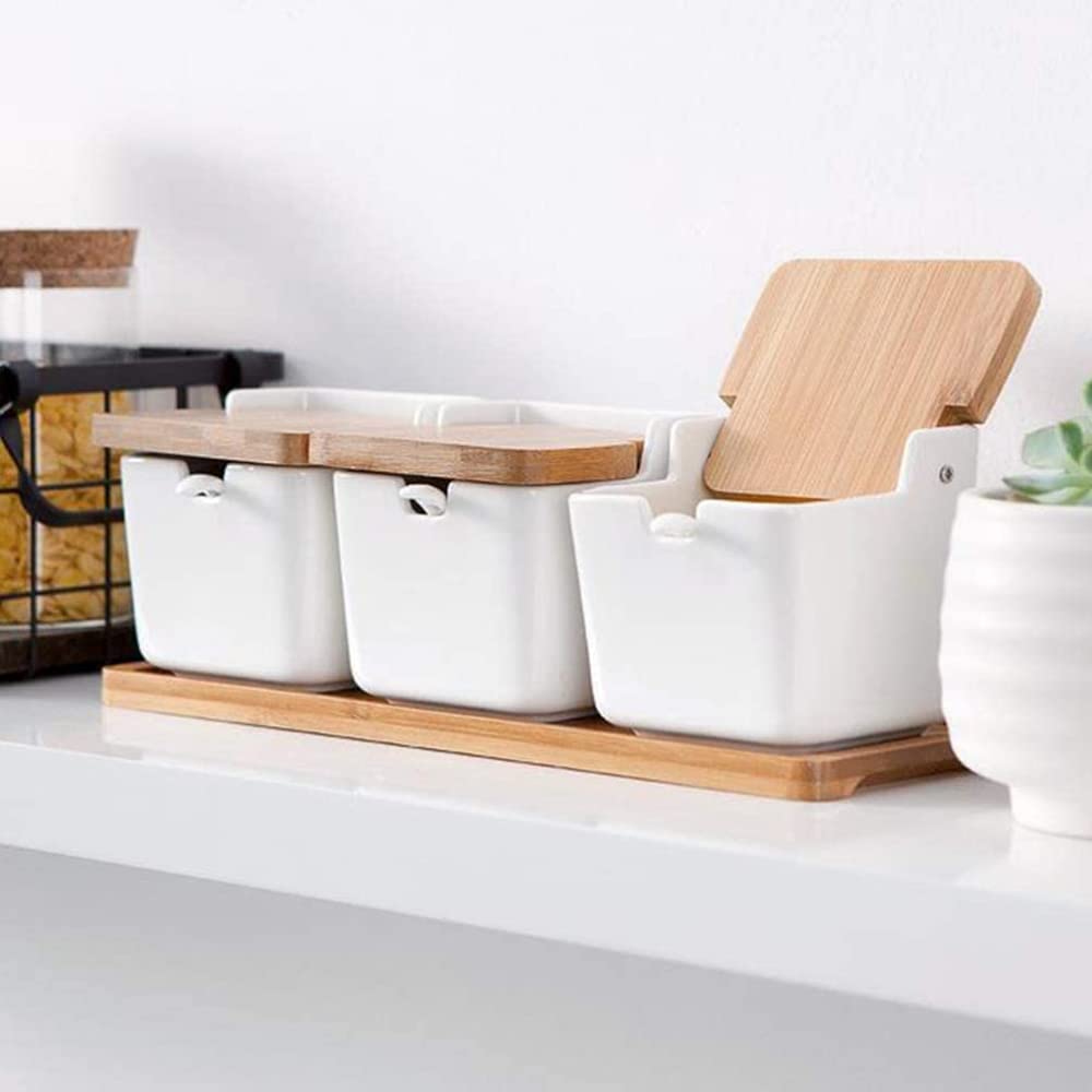 3 Stück Keramik Zuckerdose Gewürzdosen Gewürzdosen Pfeffer Gewürzbehälter Kaffee Salzdose Mit 3 Holzlöffeln Und Deckeln