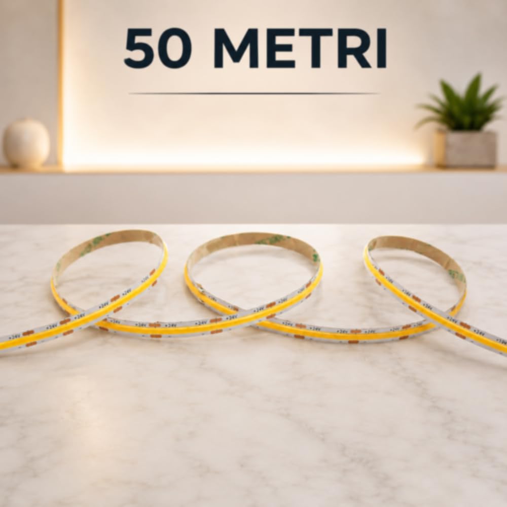 Vetrineinrete® Striscia LED COB 24V 500W strip 50Mt illuminazione uniforme (3000, Kelvin)