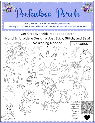 Image of Unicorn and Rainbow Embroidery Patterns - 32 Fun Modern Water Soluble Hand Embroidery Patterns by Peekaboo Porch on Sulky Stick n Stitch Self Adhesive Wash Away Stabilizer